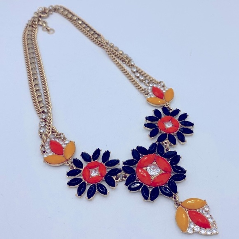J Crew Gold Tone Multi Strand Necklace With Orange, Black And Yellow Rhinestones - Picture 9 of 10